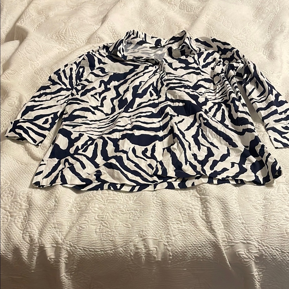 Dennis Basso Navy Blue and White Boxy Polo Blouse
